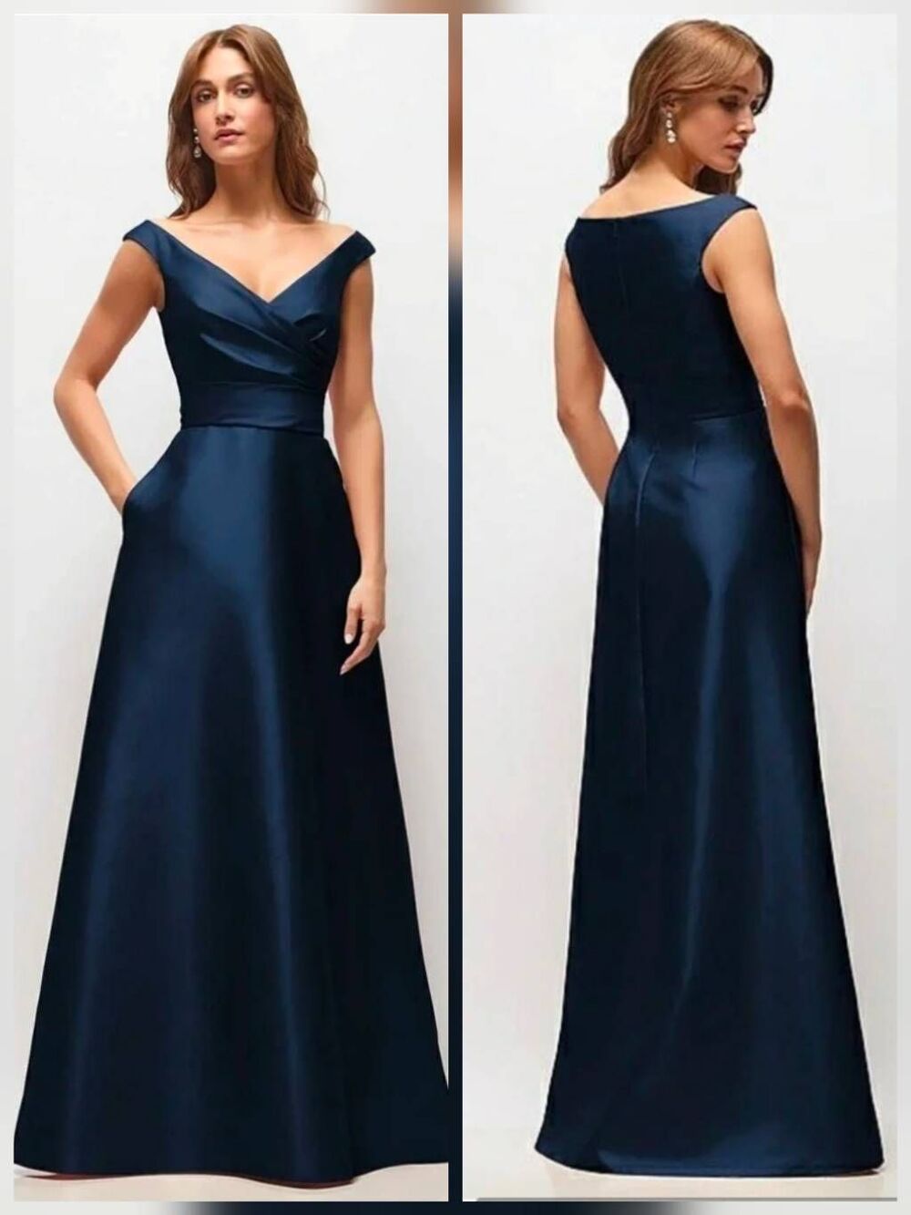 ALFRED SUNG Navy Satin Off-Shoulder Maxi Gown